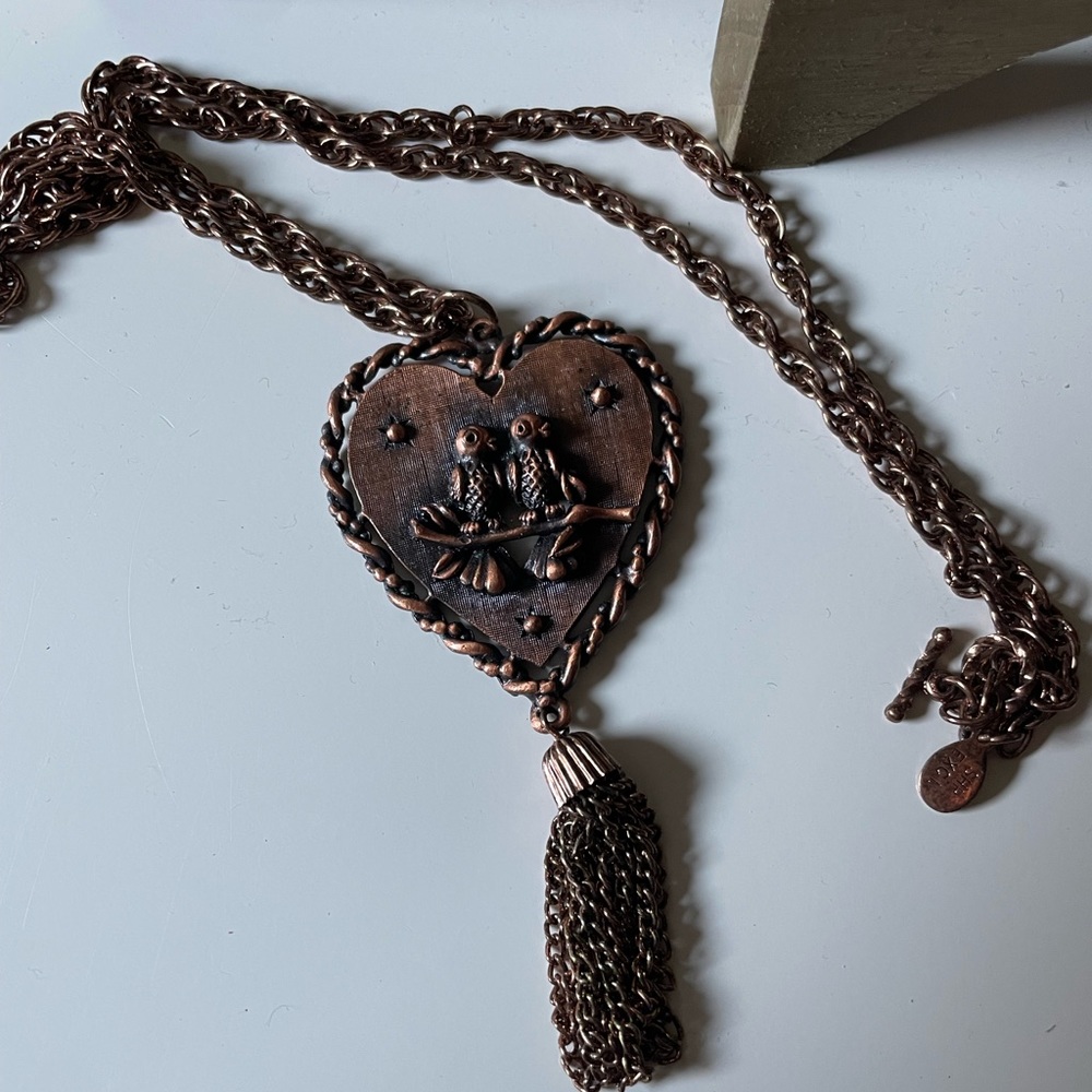 Vintage Signed SHP EXCL Lovebirds Heart COPPER Necklace  TASSEL 24" - Picture 4 of 4